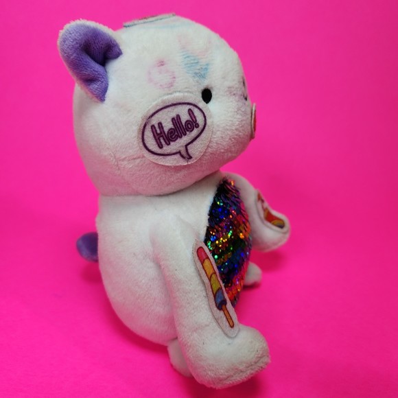 RMS White Graffiti Cat Plush Toy Sequin Belly Weighted Bottom 6.5 in. - Picture 3 of 8